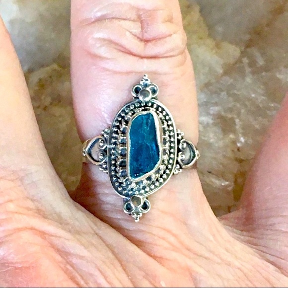 NEON BLUE APATITE Bali filigree sterling ring 7 - Picture 4 of 10